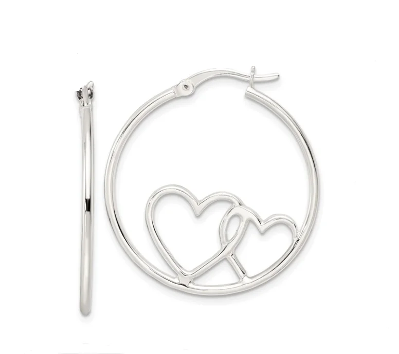 Silver Hearts Round Hoop Earrings