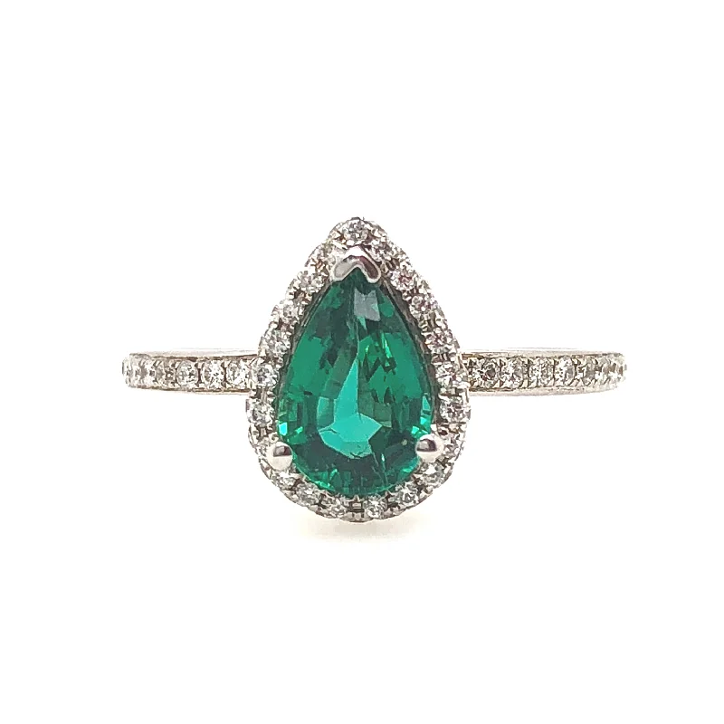 White Gold Emerald and Diamond Halo Ring