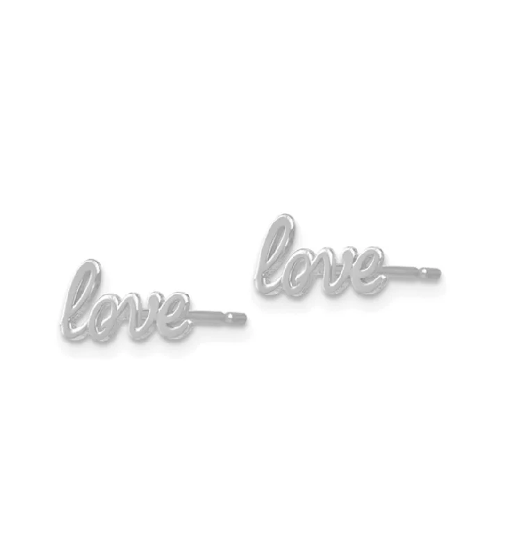 White Gold Love Script Stud Earrings