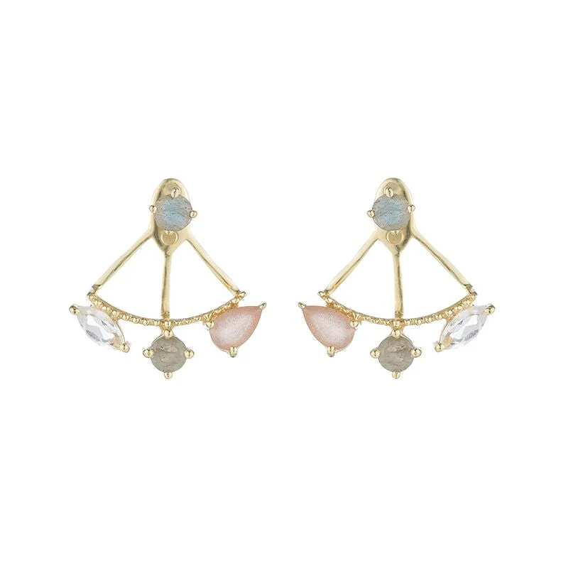 White Topaz, Pink Moonstone, Labradorite jacket earrings with White Topaz studs