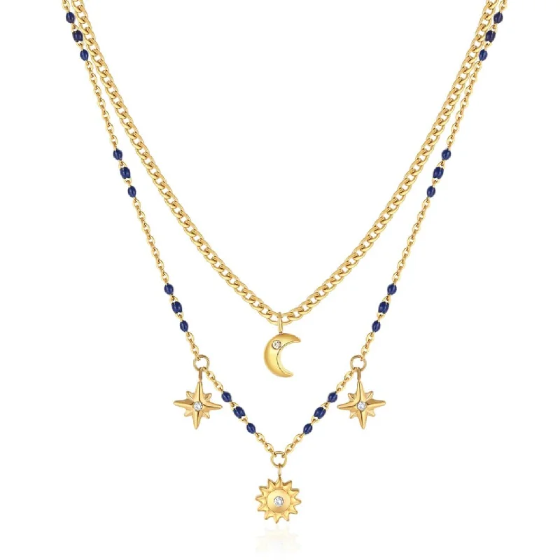 Gold Finish Stainless Steel Double Chain Necklace with Blue Enamel & Charms