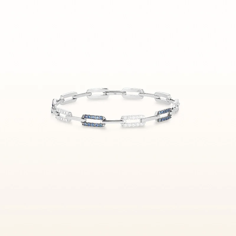 Blue Sapphire and Diamond Rectangular Link Bracelet in 14kt White Gold