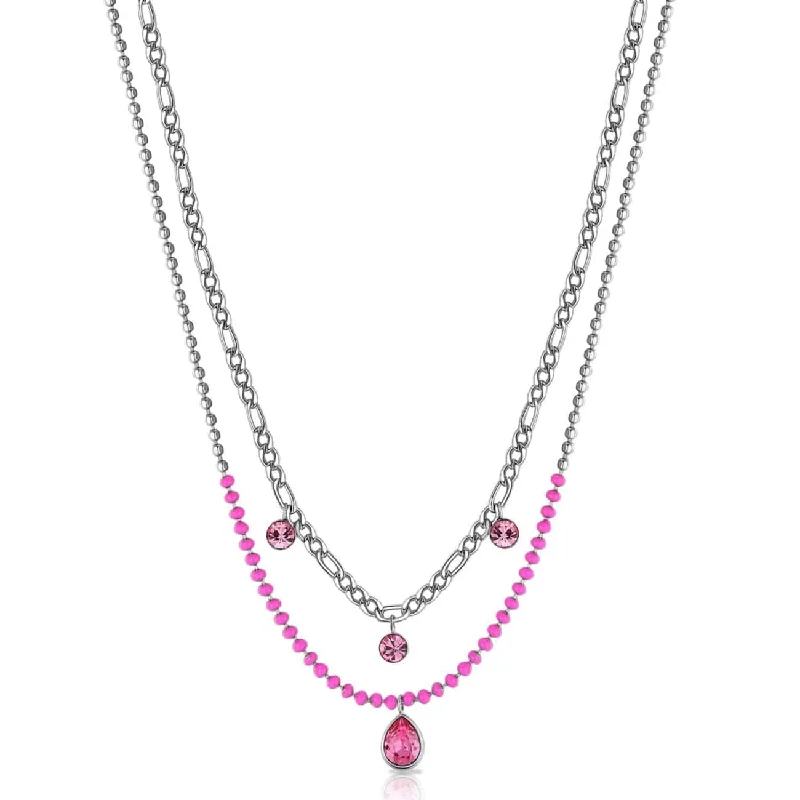 Stainless Steel Double Necklace with Fuchsia Enamel & Light Rose Crystals