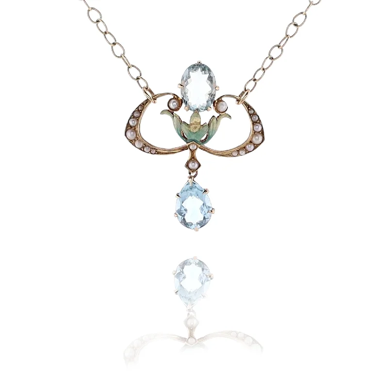 Estate 14 Karat Yellow Gold Aquamarine and Pearl Pendant Necklace