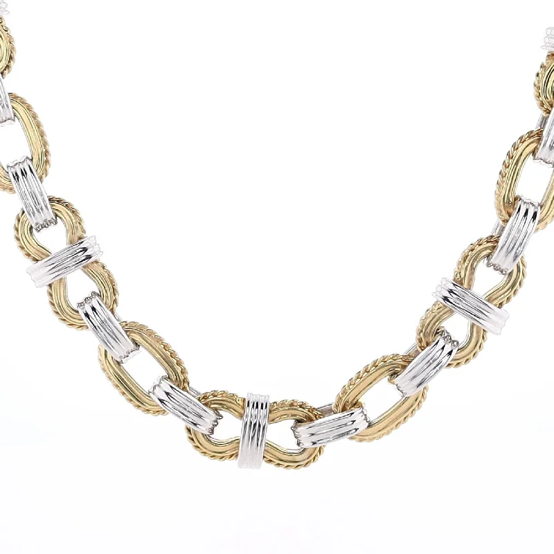 Estate 14k Two Tone Alternating Beaded Oval Links and Ribbed Links 18" Necklace