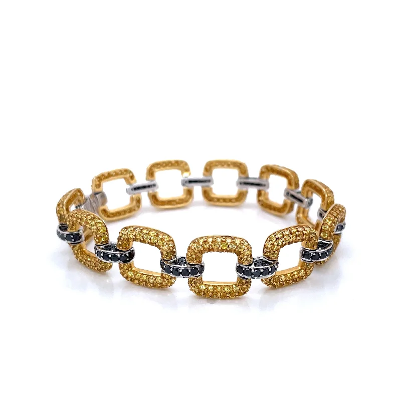 Estate 18k Two-Tone Square Link Bracelet with Yellow Sapphires and Black Diamonds