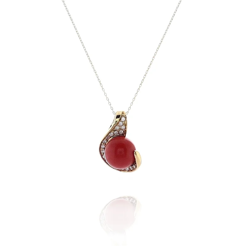 Estate 18k Yellow Gold Round Coral and Diamond Pendant