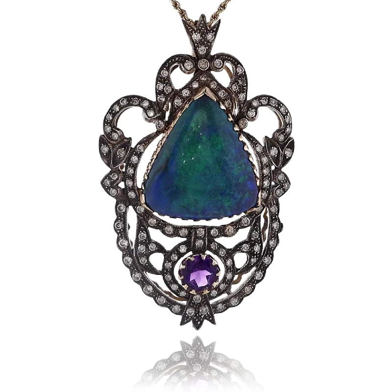 Estate Two-Tone Amethyst Diamond and Opal Pendant 14 Karat Yellow Gold Chain Necklace