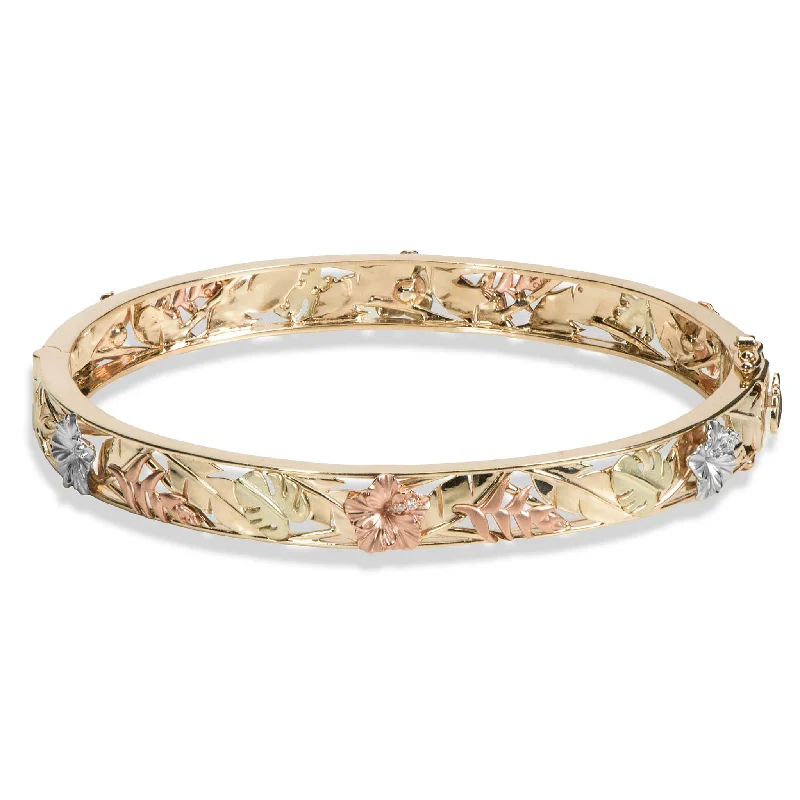 Hawaiian Gardens Hibiscus Bracelet in Multi Color Gold with Diamonds - 8mm