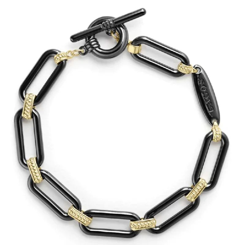 Lagos Signature Caviar 18k Gold and Black Ceramic Link Bracelet