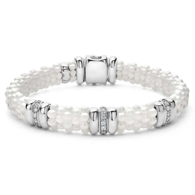 Lagos White Caviar Three Station Ceramic Diamond Bracelet