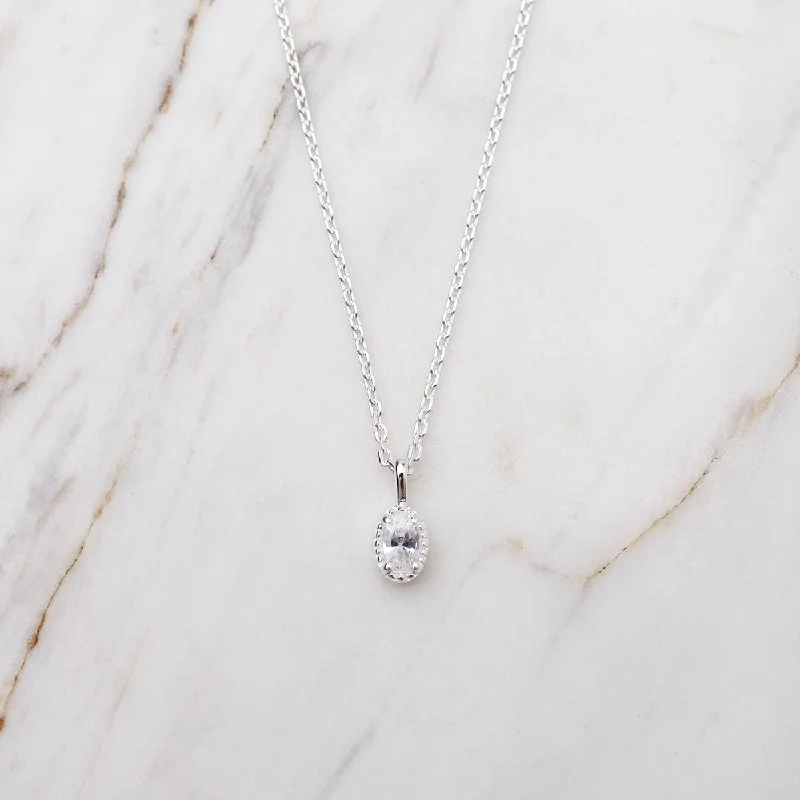 Oval CZ with Milgrain Edge Necklace - Sterling Silver