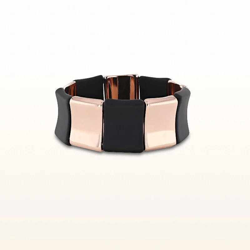 Rose Gold Plated 925 Sterling Silver and Rubber Alternating Concave Square Stretch Bracelet