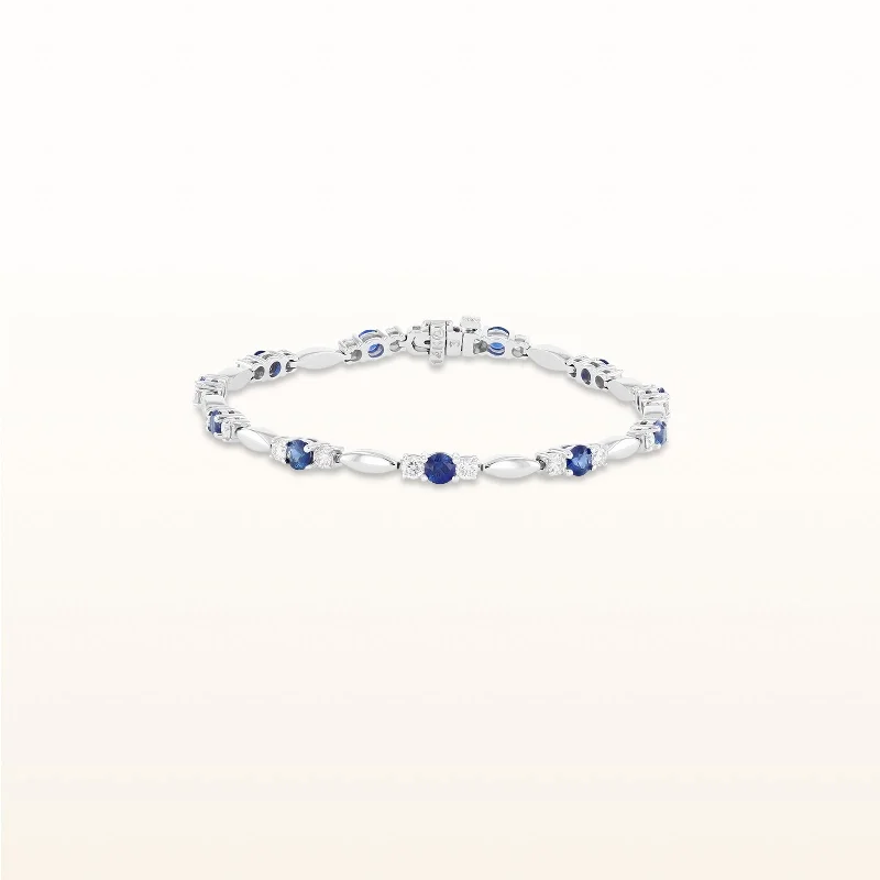 Round Blue Sapphire and Diamond 3-Stone Marquise Link Bracelet in 14kt White Gold