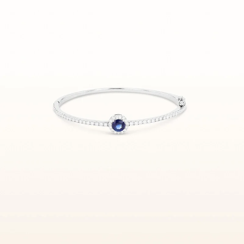 Round Blue Sapphire and Diamond Hinged Bangle Bracelet in 14kt White Gold