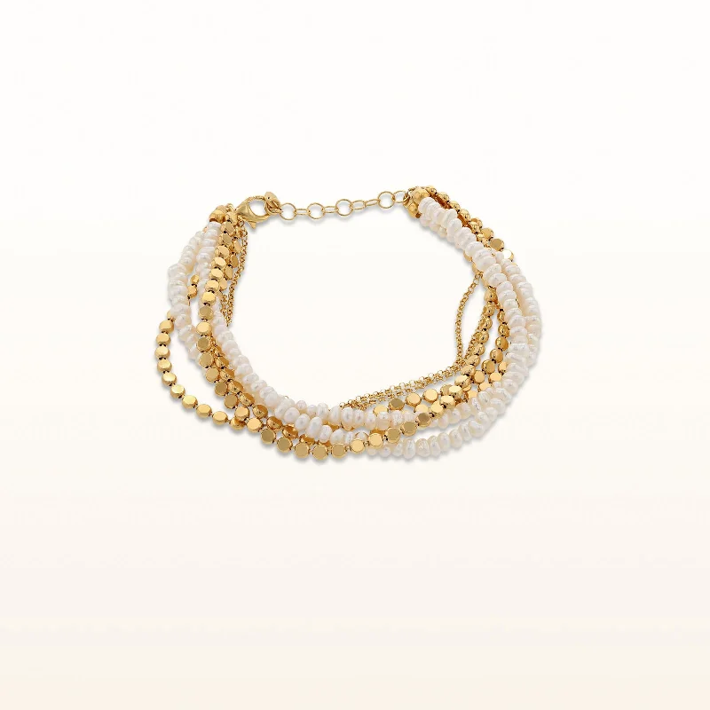 White Freshwater Cultured Pearl Multi-Strand Bracelet in Yellow Gold Plated 925 Sterling Silver