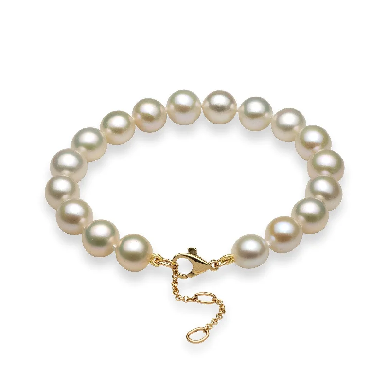 7.5-9" Adjustable White Freshwater Pearl Bracelet in Gold - 9-10mm